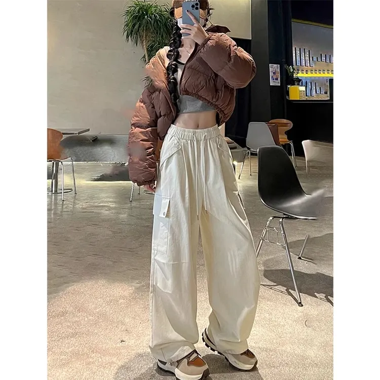 2025秋季新款时尚复古高腰工装裤休闲运动登山高街显瘦直筒阔腿裤