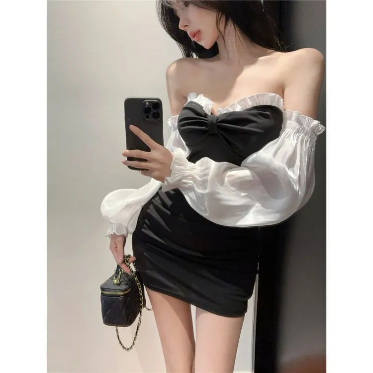 小香风灯笼袖连衣裙女冬季纯欲性感一字肩包臀裙新年战袍抹胸裙子