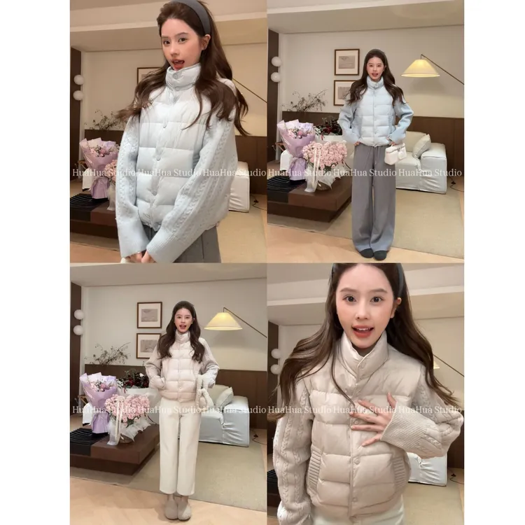 【花花】小麻花~麻花针织拼接立领轻薄时尚休闲百搭90白鸭羽绒服