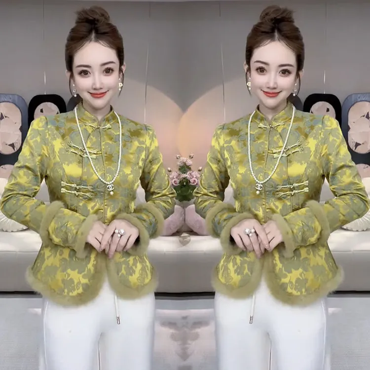 4905新中式国风盘扣立领衬衫女新款新款修身显瘦复古印花百搭外套