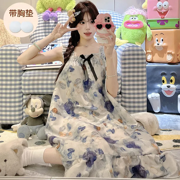 Meng luan/梦鸾睡衣连衣裙夏季带胸垫复古风吊带睡裙女士家居服