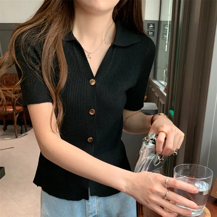 polo领正肩针织小开衫女2025夏季新款减龄修身显瘦翻领短袖上衣薄