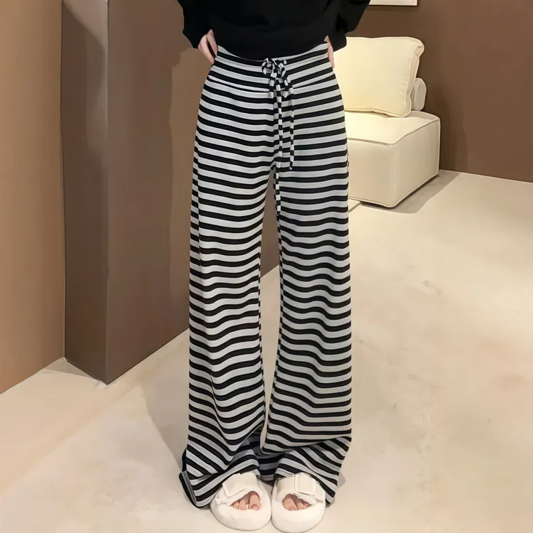 高腰条纹抽绳休闲裤女2025秋季新款大码胖MM遮胯显瘦松紧阔腿裤