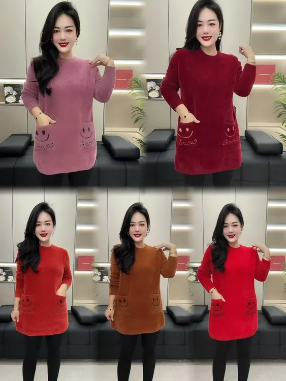双兜笑脸款水貂绒大版衫中老年上装
