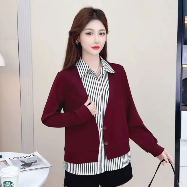 假两件长袖t恤女宽松2025新款秋衣外穿翻领上衣中年妈妈装打底衫