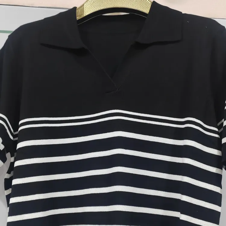 长袖法式夏季条纹宽松型毛针织衫衬衫运动polo翻领