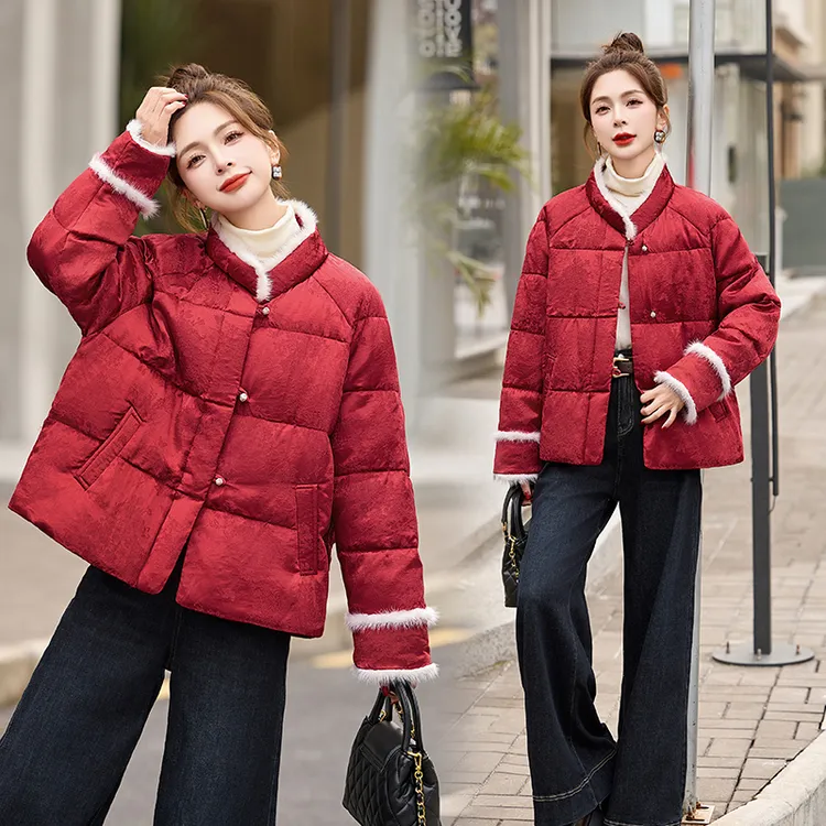 新中式提花拼接水貂毛羽绒服女2024年冬季新款国风盘扣白鸭绒外套