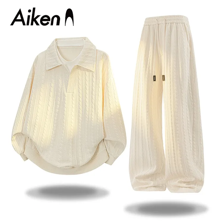 AiKen美式复古休闲运动套装春秋季肌理感宽松大码两件套