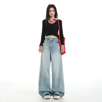 浅蓝色阔腿牛仔裤女2025秋季新款高腰显瘦宽松垂感直筒拖地裤子
