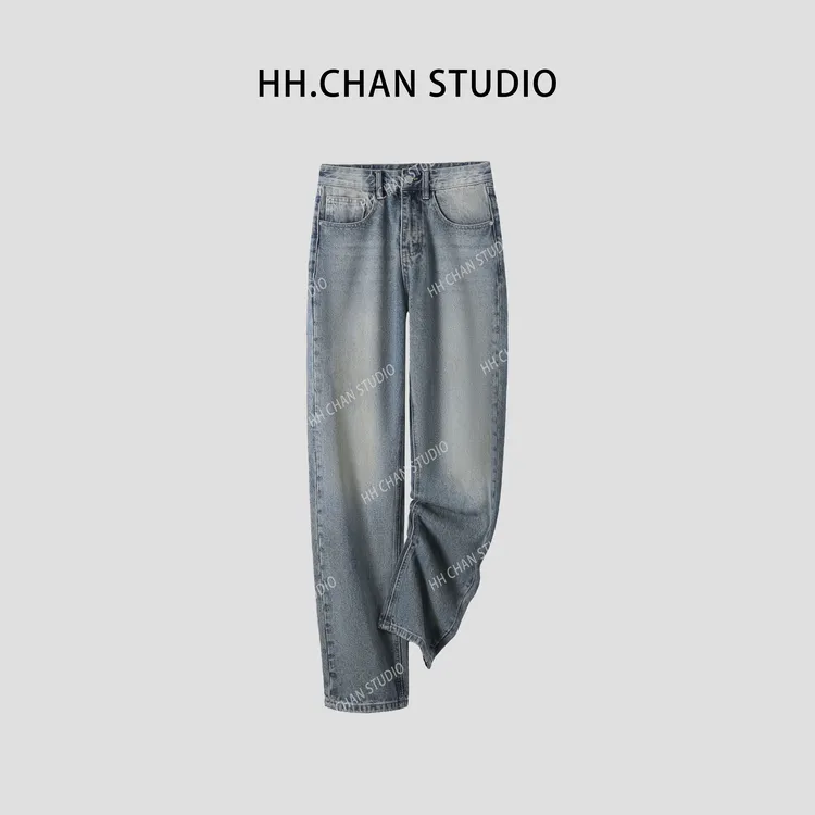 HH.CHAN“浪漫沙洲”100%棉手工抹黄工艺直筒蓝牛仔裤HH52T36667