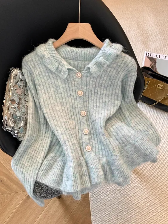 秋冬2025新款毛衣小香风木耳边领长袖针织开衫女百搭时尚洋气上衣