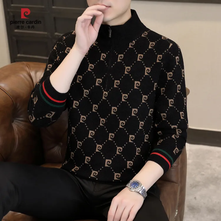 皮尔卡丹[专柜正品】高端男士立领提花针织衫秋冬潮流加厚打底衫