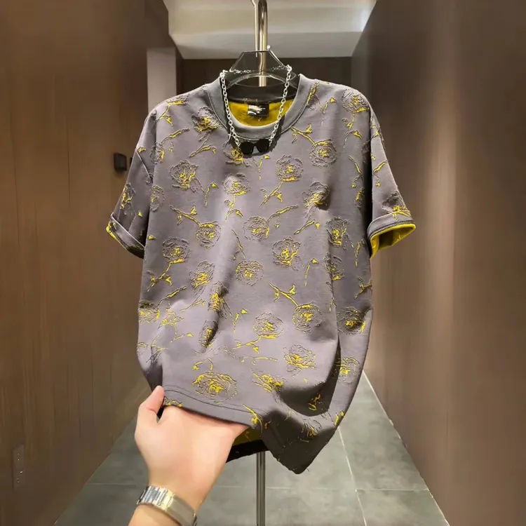 2025夏季新款潮牌做旧满印玫瑰圆领短袖T恤复古休闲男士上衣