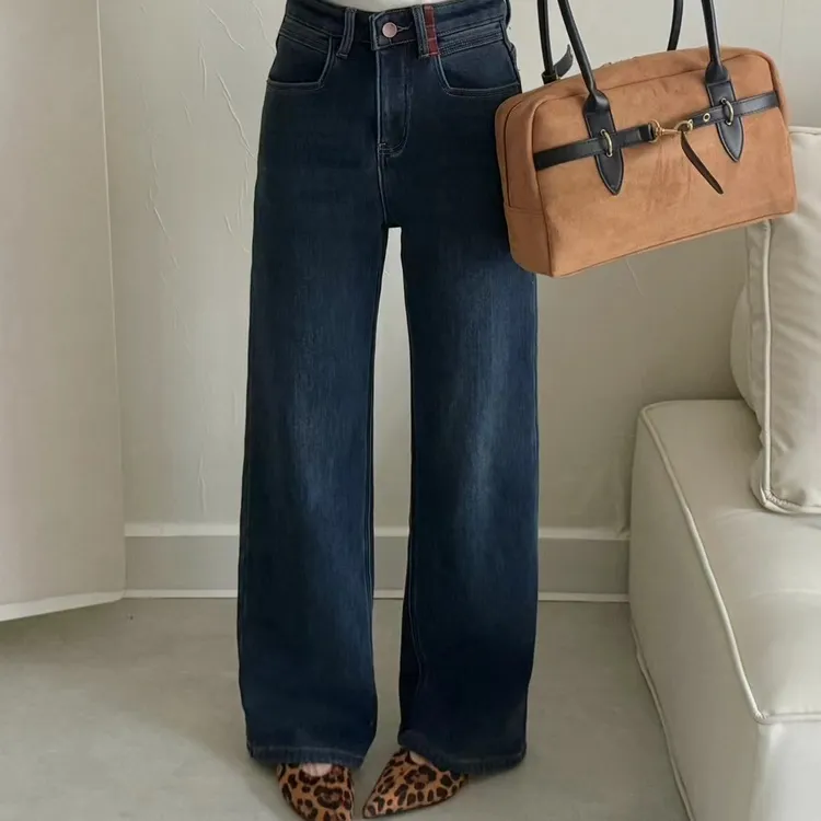 【适合160以上】加绒深蓝色高腰弹力宽松窄版阔腿牛仔裤68070