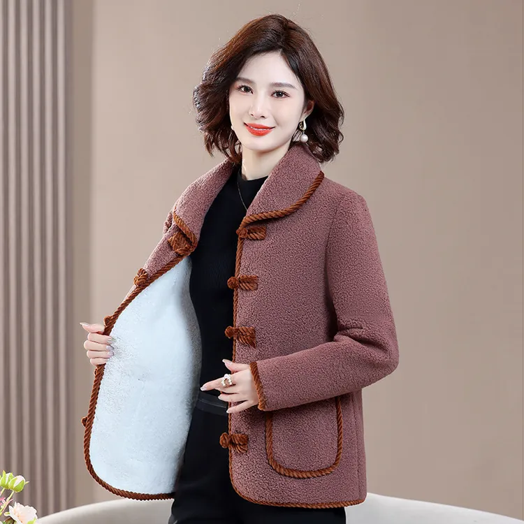 冬季新款开衫外套宽松颗粒绒中老年女洋气盘扣加绒加厚上衣妈妈