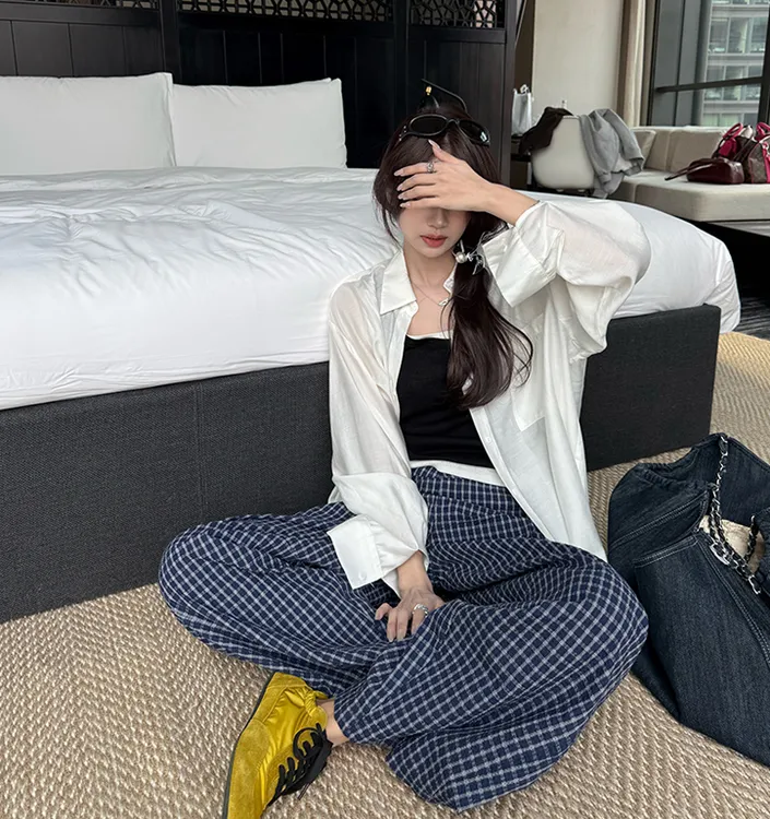 新款阔腿裤宽松高腰百搭加绒格子裤子男女直筒家居裤男女长裤K01