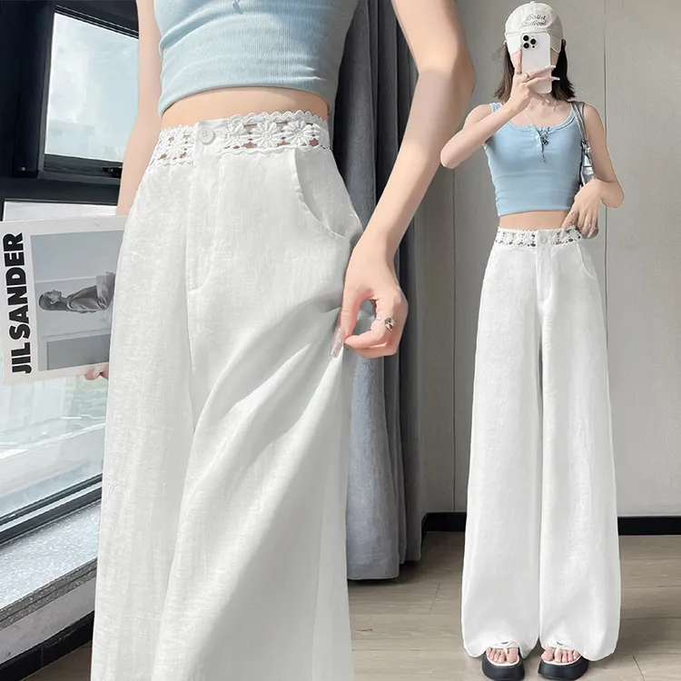高腰蕾丝拼接阔腿休闲裤女夏季薄款天丝亚麻纯色直筒拖地裤女2307
