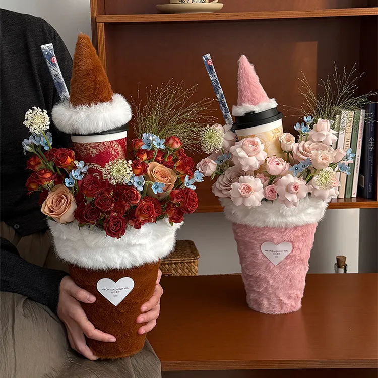 秋冬毛绒奶茶冰淇淋桶花束鲜花包装材料包花神器送女友diy资材