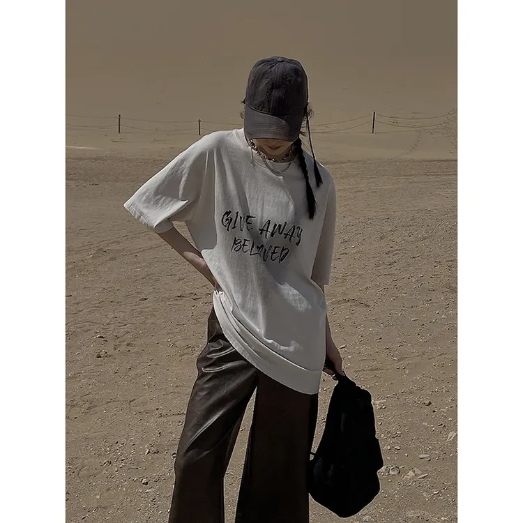 美式复古宽松印花T恤韩版oversize圆领白色短袖百搭休闲棉