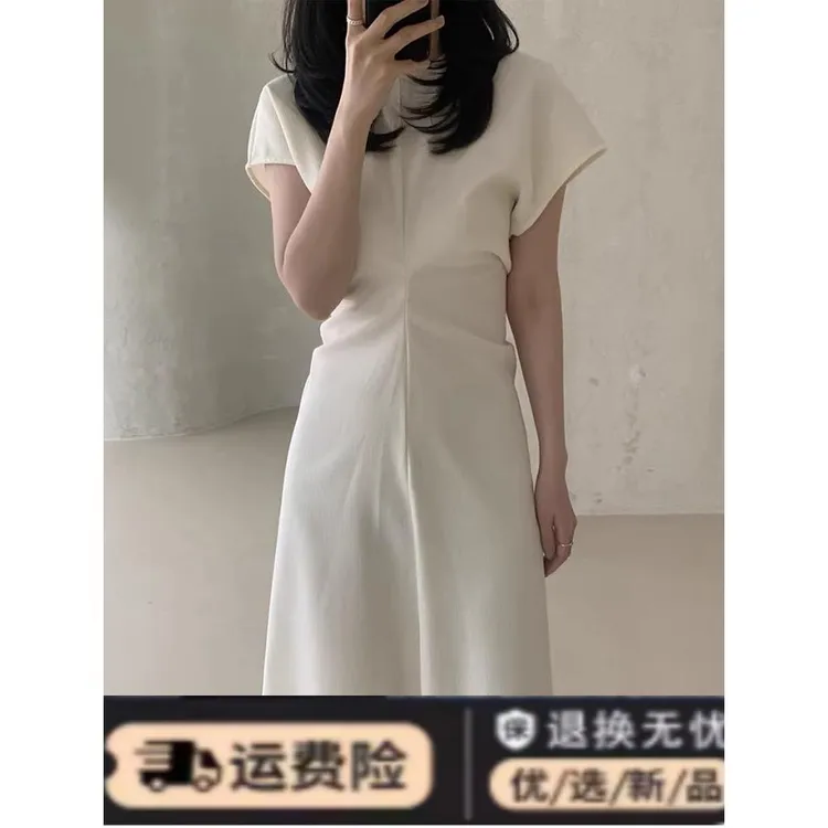 韩国chic夏季法式设计感圆领褶皱收腰显瘦中长款A字短袖连衣裙女