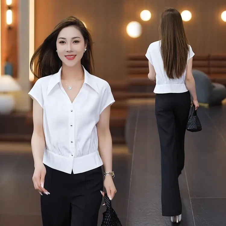 夏季新款收腰短袖衬衫衬衣白色女翻领设计小个子时尚洋气短款上衣