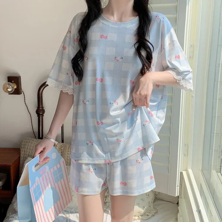 GPSUNLU蓝色格子2025新款韩版睡衣女款夏季冰丝短袖短裤家居服
