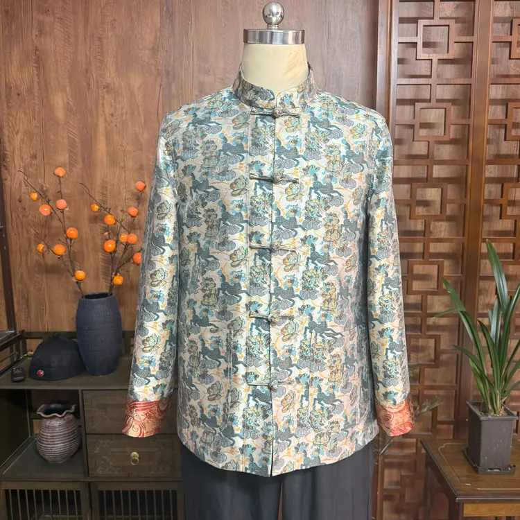 2025新款张和才古蜀锦桑蚕丝男式麒麟长袖外套新中式高端男装上衣