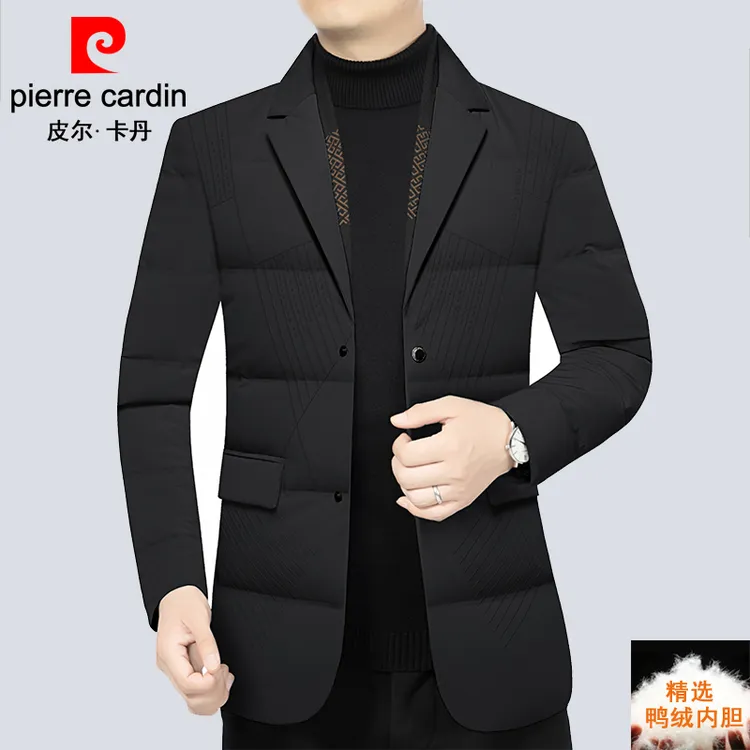 皮尔卡丹高档羽绒西装外套男围巾领冬季轻薄保暖鸭绒休闲西服上衣