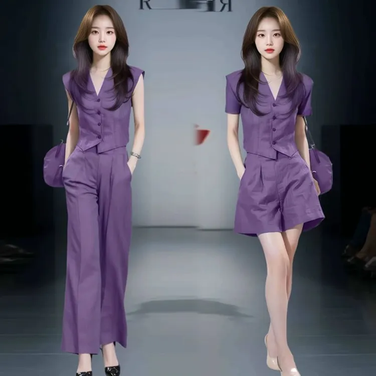 出游穿搭女装千金清冷感贵系洋气衣服紫色气质上衣短裤洋气衣服女