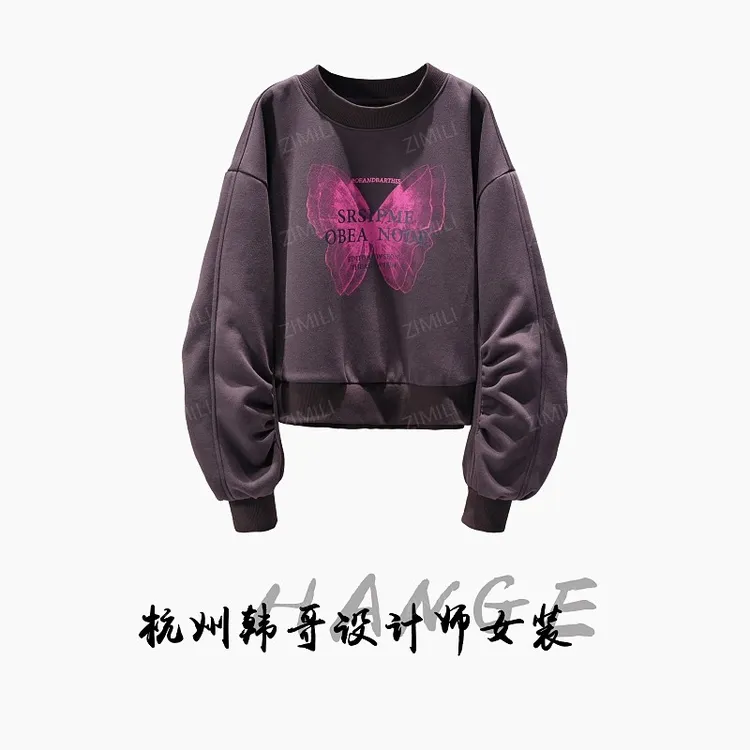 【韩哥欧货女装】2025冬季加厚青骊色蝴蝶印花时尚休闲卫衣10119-K3