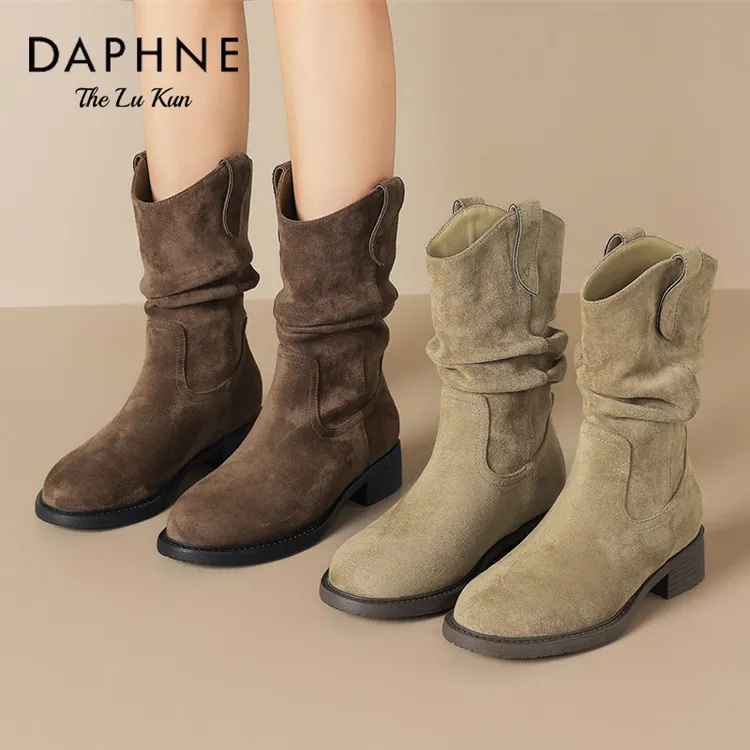 达芙妮堆堆靴女中筒靴子2025秋新款废土风西部牛仔短靴骑士马丁靴