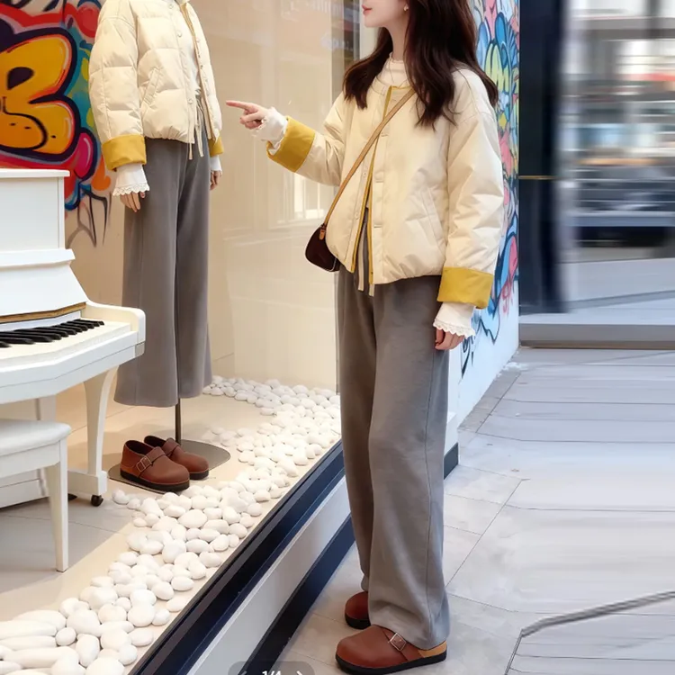 2025欧货百搭时尚显瘦韩版棉服上衣显瘦直筒裤两件套气质女士