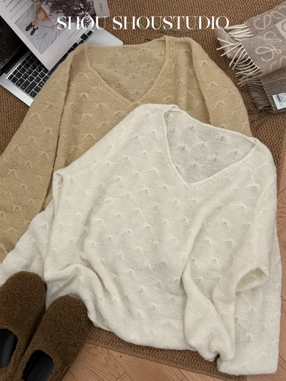 【瘦瘦】大码V领羊毛正反针织软糯宽松显瘦百搭套头毛衣S02065
