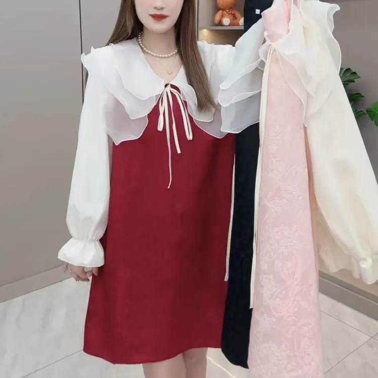 0351-时尚大码洋气新年新款娃娃领提花连衣裙