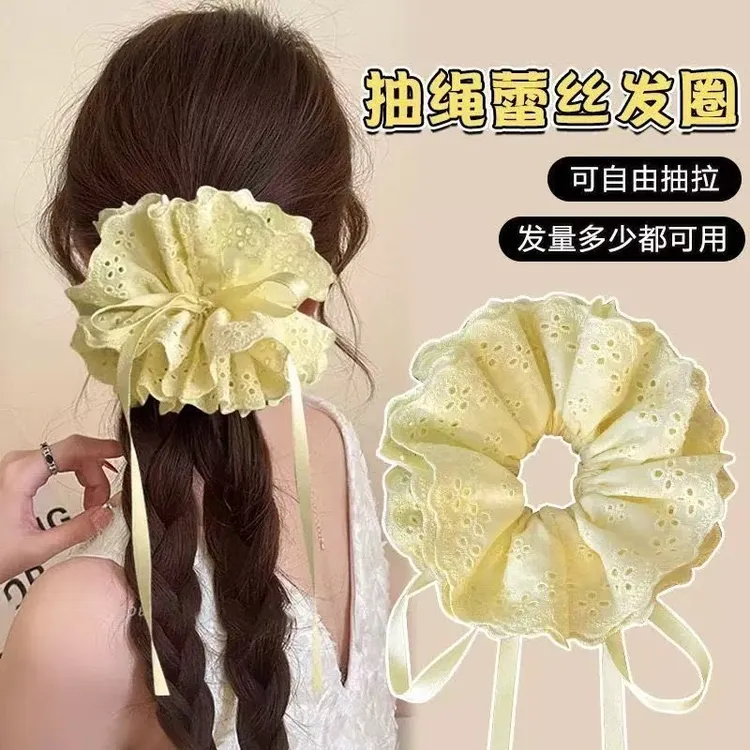 温柔抽绳抽绳式四层蕾丝蓬松发绳甜美发马尾丸子韩系大肠发圈抓夹