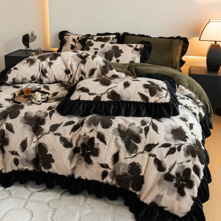 法式复古风兔毛绒牛奶绒加厚保暖秋冬床盖款四件套加绒床单被套