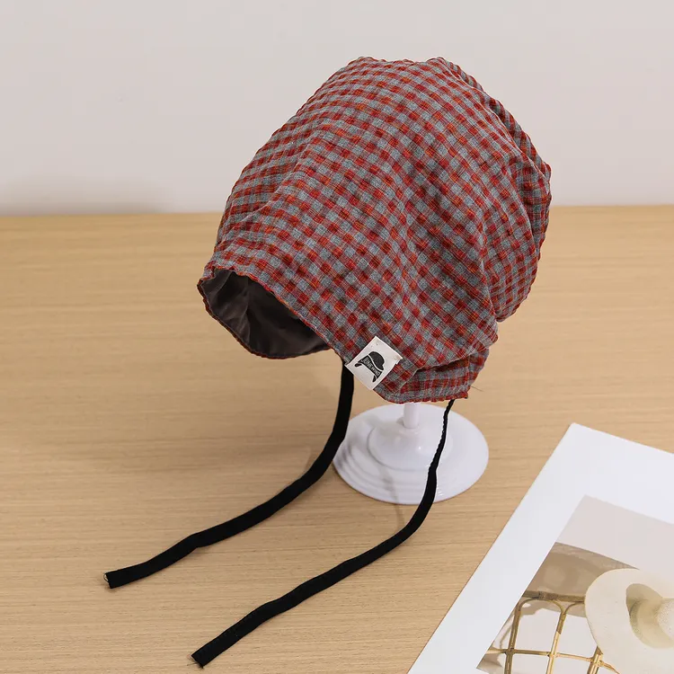 日系复古双面格纹包头帽春夏薄款新品系带冷帽高级感头巾帽月子帽