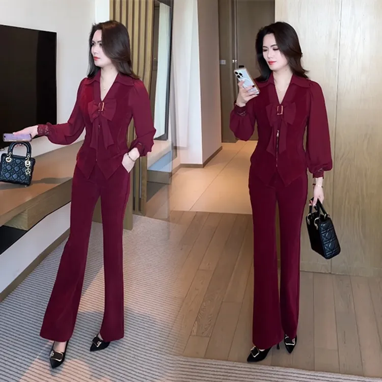 春季新款三件套气质显瘦时尚洋气减龄蝴蝶结修身套装春秋长袖