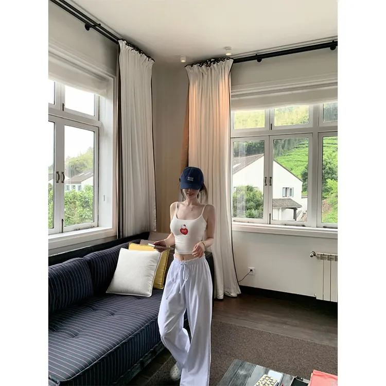 韩系洋气印花休闲吊带上衣夏季新款宽松显瘦抽绳高腰拖地长裤套装