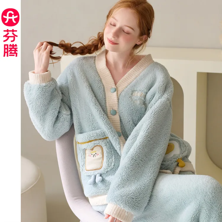 芬腾睡衣女款新款秋冬季珊瑚绒V领开衫加绒加厚保暖女套装家居服