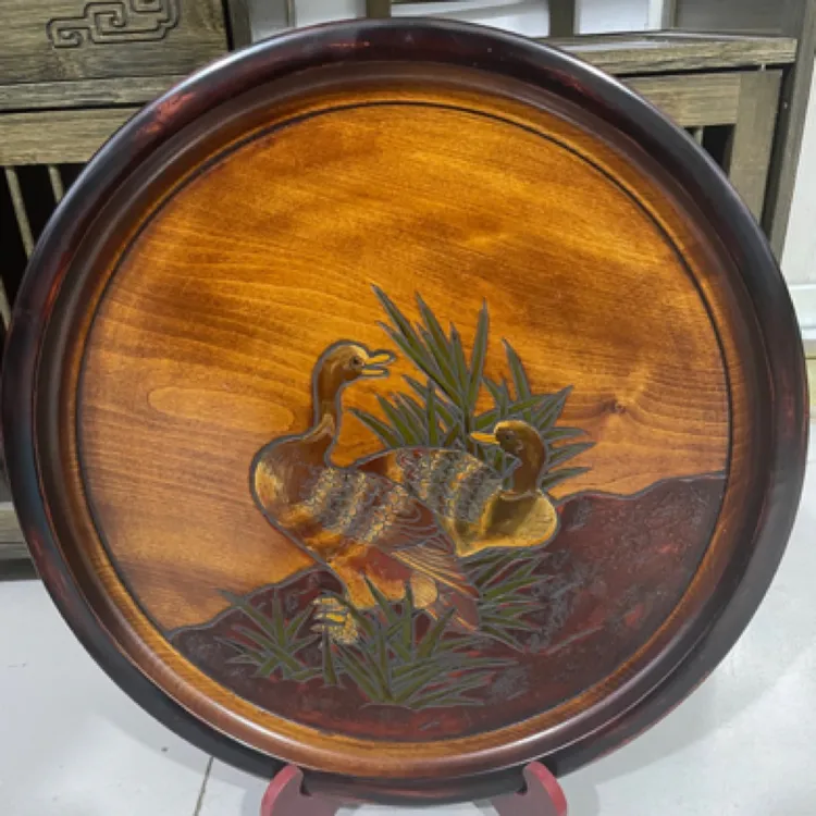 乌城雕实木手工浮雕茶盘摆盘摆件茶道圆形干泡盘泡茶盘茶托盘复古