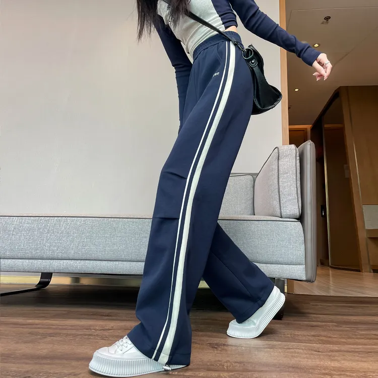 美式运动条纹阔腿裤女2025春秋新款高腰显瘦宽松垂感休闲直筒卫裤