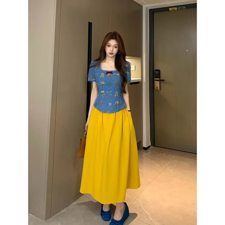 大码油画少女法式撞色套装2025夏花朵刺绣黄色半裙