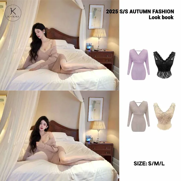 JOYKIKI金金 【韩女氛围】秋季气质V领针织显瘦连衣裙套装J25C411