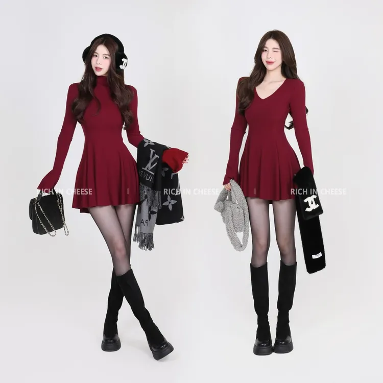 舒胡蕾 茶香可颂【贝微微】 秋冬长袖高弹针织显瘦百搭收腰连衣裙