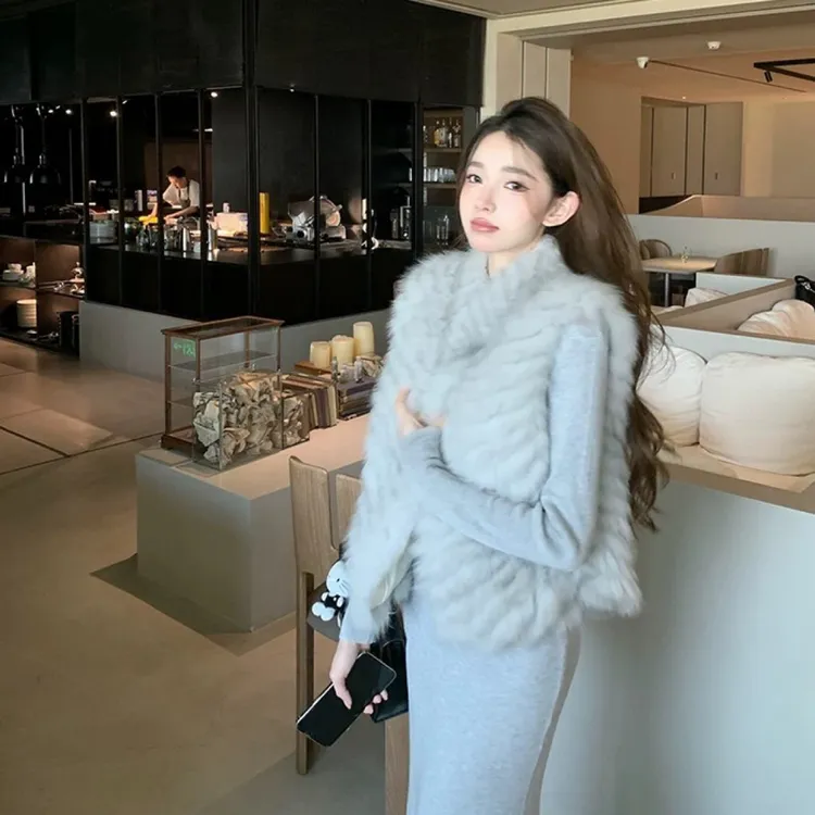 2025年秋冬新款狐狸毛车条马甲女立领短外套韩版显瘦皮草毛毛