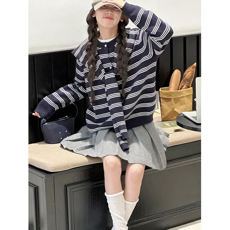 K29406孙小美撞色复古女童秋装毛衣2025新款儿童针织衫秋冬上衣服