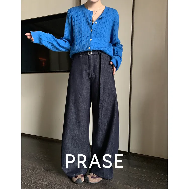 PRASE·噜【长腿牛仔】微胖棉半松紧高腰显瘦腰带牛仔弯刀裤PR510S77