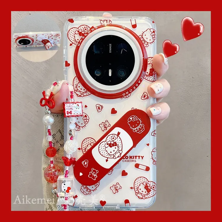 适用华为mate70pro+手机壳透明红爱心Mate60proKitty猫创可贴支架