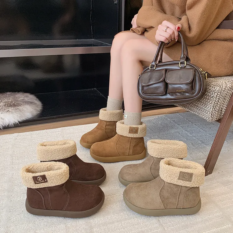 保暖厚底勃肯短筒羊羔毛毛短靴女2025新款冬季加绒加厚一脚蹬棉靴